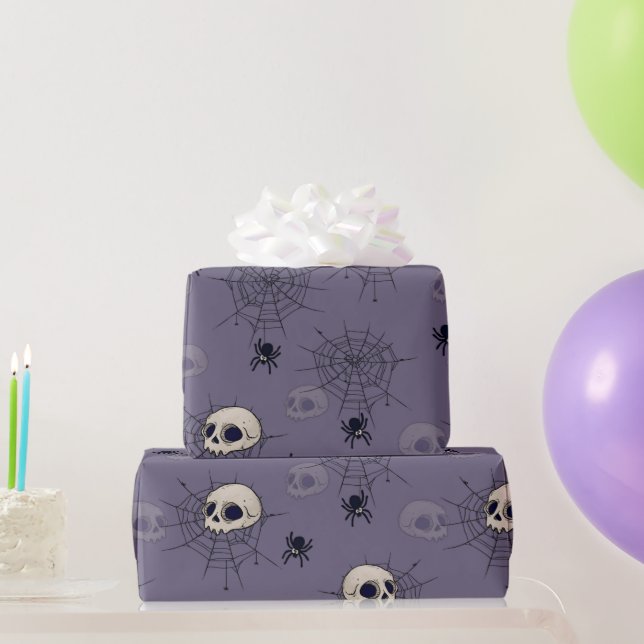 Skulls Spiders Spiderwebs Blue Halloween Wrapping Paper (Party Gifts)