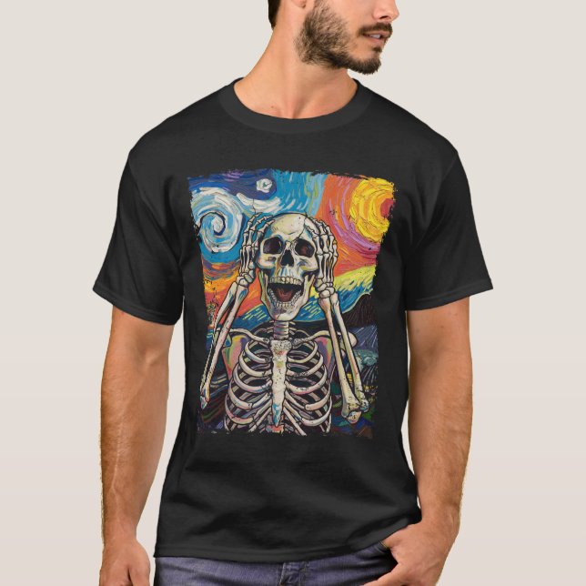 Skulls Starry Night Skeleton Painting Halloween Me T-Shirt (Front)