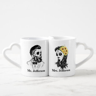 Skulls Sunflowers Couple Newlyweds Lover's Coffee Mug Set