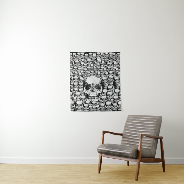 SKULLS WALL DEATH DEAD SKELETON BLACK WHITE TAPESTRY (In Situ)