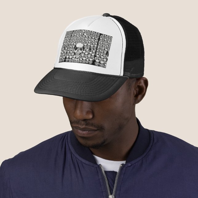 SKULLS WALL DEATH DEAD SKELETON BLACK WHITE TRUCKER HAT (In Situ)