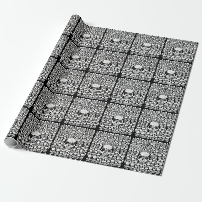 SKULLS WALL DEATH DEAD SKELETON BLACK WHITE WRAPPING PAPER (Unrolled)