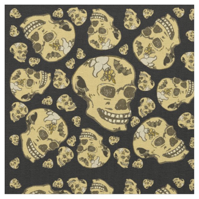 Skulls with Bat Raven and Ghost Tattoos Fabric (Close Up)