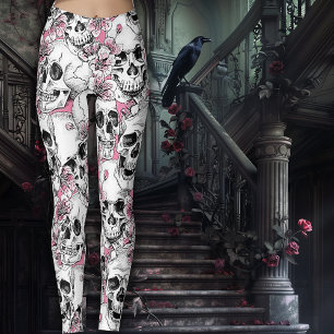 Skulls with Pink Flowers Leggings