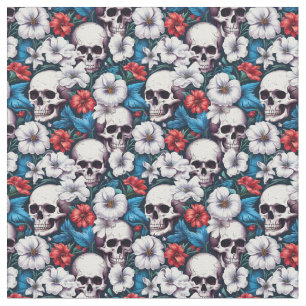 Skulls with Red and White Flowers Fabric