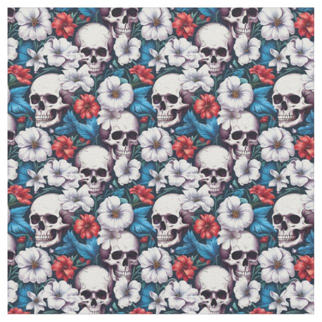 Skulls with Red and White Flowers Fabric (Close Up)