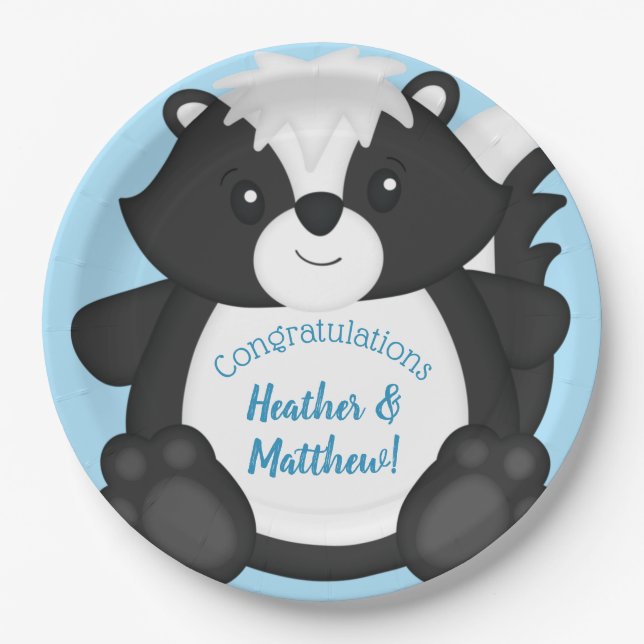 Skunk Baby Shower Blue Paper Plate (Front)