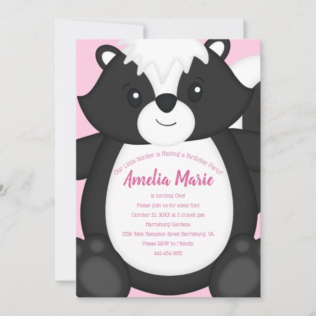 Skunk Birthday Party Pink Invitation (Front)