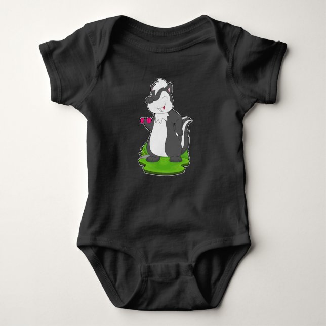 Skunk Bodybuilder Dumbbell Bodybuilding Baby Bodysuit (Front)