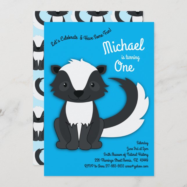 Skunk Cute Kids 1st Birthday Party Blue Boys Invitation (Front/Back)
