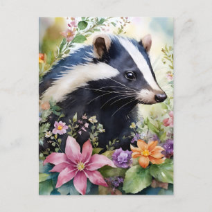 Skunk Floral Portrait Art Postcard