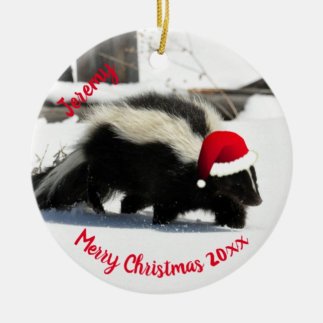 Skunk in Santa Hat  Ceramic Ornament (Front)