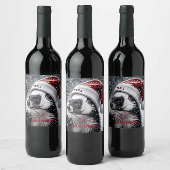 Skunk in Santa Hat  Ceramic Ornament Wine Label (Bottles)