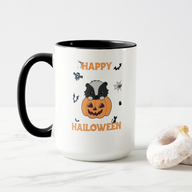 Skunk Pumpkin Cute Skunks Happy Halloween Mug (With Donut)