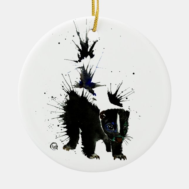 Skunk watercolour painting ceramic tree decoration (Front)