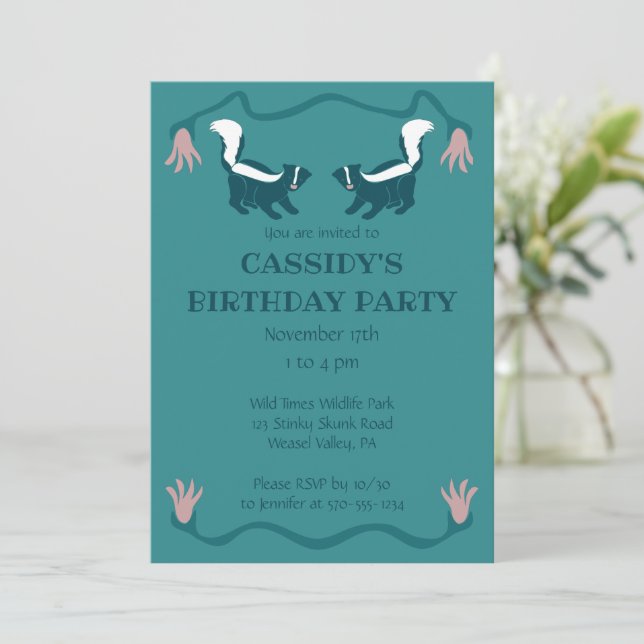 Skunks and Flowers Dark Teal Green Birthday Party Invitation (Standing Front)