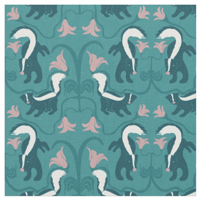 Skunks and Flowers Dark Teal Green Fabric (Close Up)