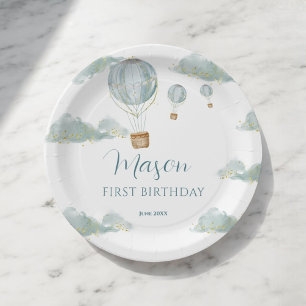 Sky Adventure Blue Hot Air Balloon First Birthday Paper Plate