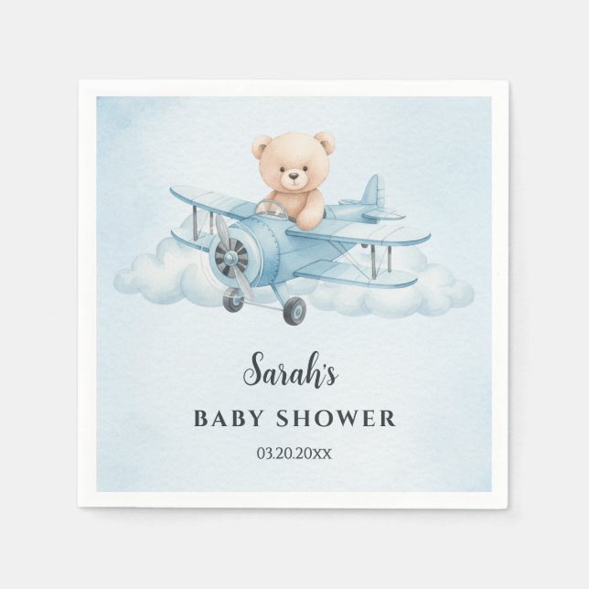 Sky Adventure Cute Teddy Bear Pilot Baby Shower Napkin (Front)