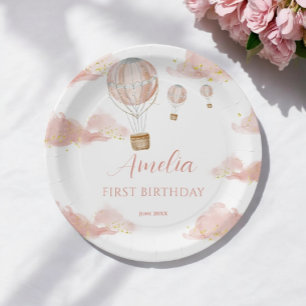 Sky Adventure Pink Hot Air Balloon First Birthday Paper Plate
