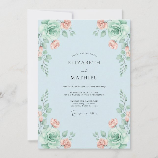 Sky Apricot Leafy Wedding Invitation (Front)