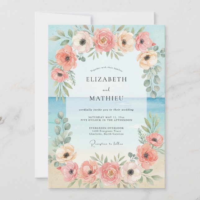 Sky Apricot Ranunculus Grey Eucalyptus Wedding Invitation (Front)