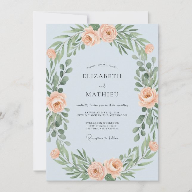 Sky Apricot Wreath Wedding Invitation (Front)