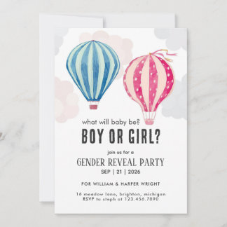 Sky Balloon Blue & Pink Boy or Girl Gender Reveal Invitation