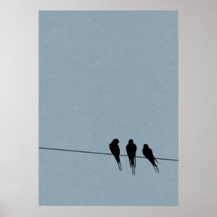 Sky Blackbirds Silhouette on Wire Poster