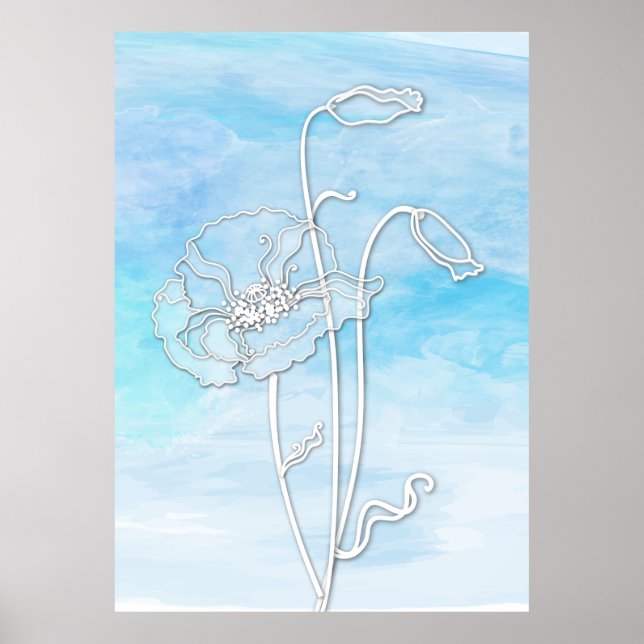 Sky Blue Abstract Watercolor and Poppies 2 Poster (Front)