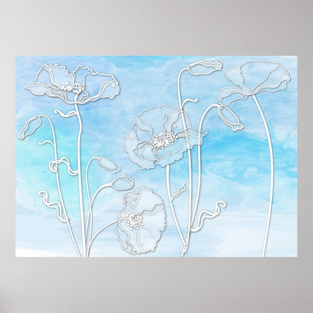 Sky Blue Abstract Watercolor and Poppies 3 Poster (Front)