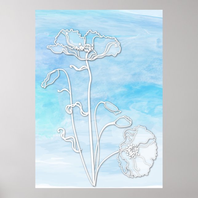 Sky Blue Abstract Watercolor and Poppies Poster (Front)
