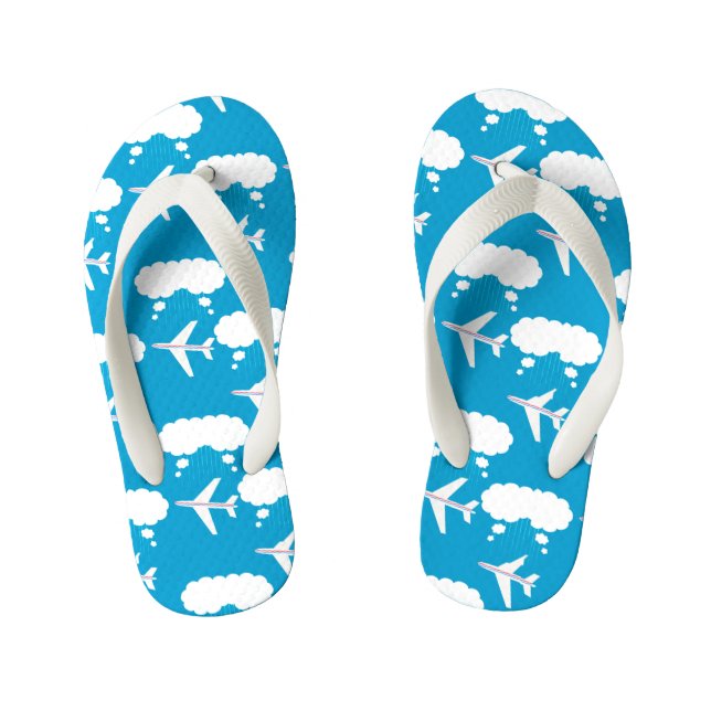Sky Blue Aeroplane Pattern Kid's Jandals (Footbed)