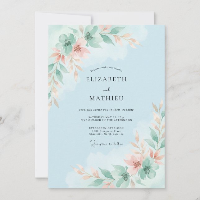 Sky Blue Airy Blossom Wedding Invitation (Front)
