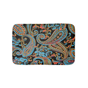 Sky Blue and Autumn Orange Vintage Paisley Bath Mat