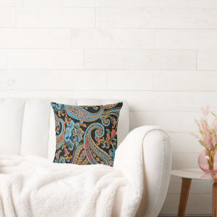 Sky Blue and Autumn Orange Vintage Paisley Cushion