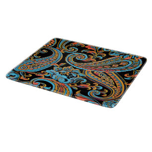 Sky Blue and Autumn Orange Vintage Paisley Cutting Board