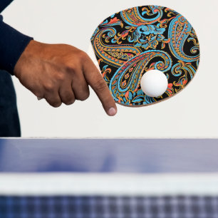 Sky Blue and Autumn Orange Vintage Paisley Ping Pong Paddle