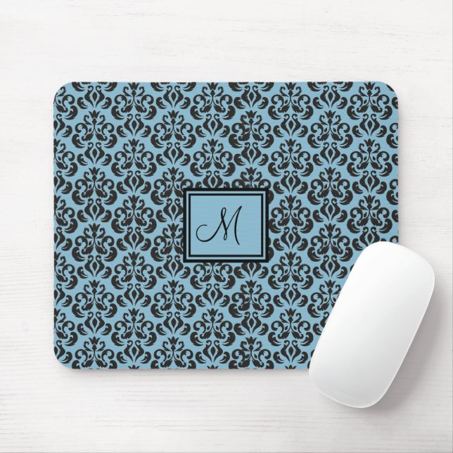 Sky Blue and Black Damask Monogrammed Mouse Pad (With Mouse)