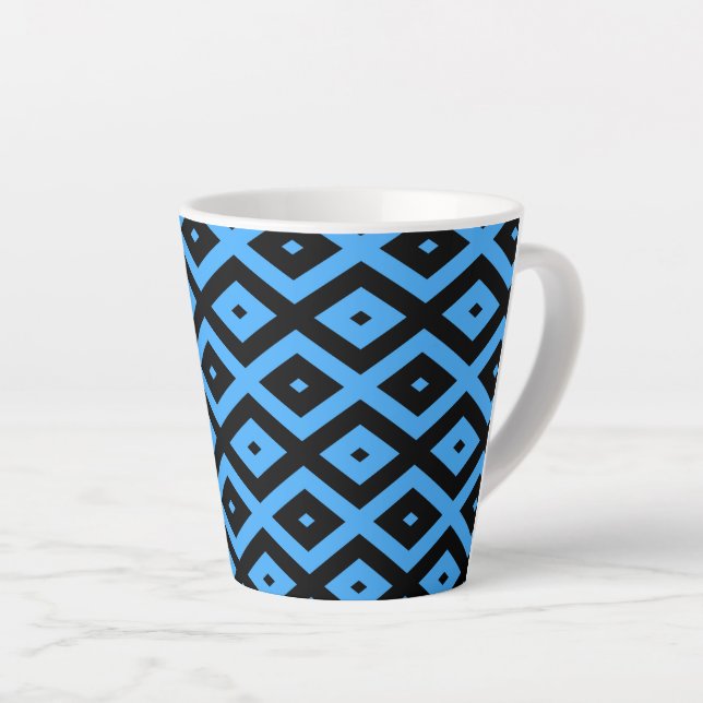 Sky blue and black diamond pattern latte mug (Right Angle)
