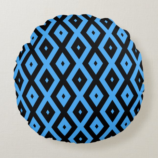 Sky blue and black diamond pattern round cushion (Front)
