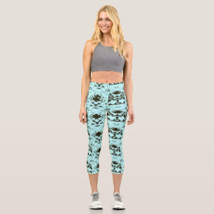  Sky Blue and Chocolate Brown Cone Flower Pattern Capri Leggings