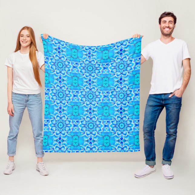 Sky Blue and Cobalt Batik Mandala Pattern  Fleece Blanket (In Situ)