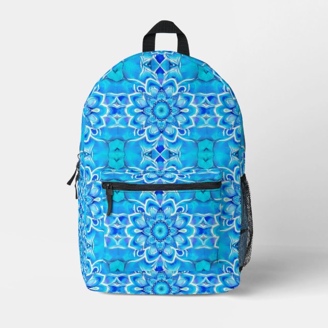 Sky Blue and Cobalt Batik Mandala Pattern Printed Backpack (Front)