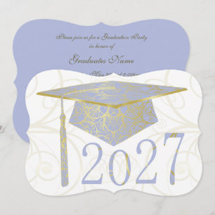 Sky Blue and Gold Floral Cap 2027 Graduation Party Invitation