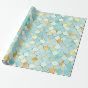 Sky blue and gold Mermaid scales Wrapping Paper