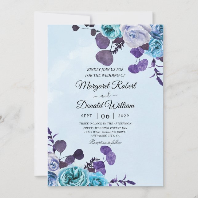 sky blue and purple wedding invitations (Front)