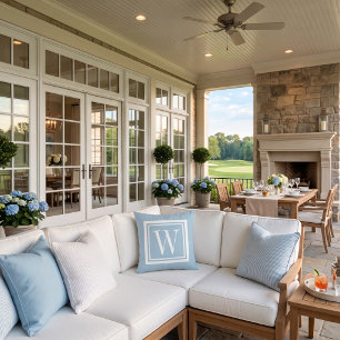 Sky Blue and White Classic Square Monogram Cushion