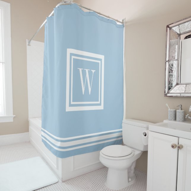 Sky Blue and White Classic Square Monogram Shower Curtain (In Situ)