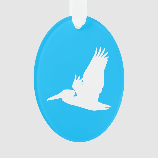Sky Blue and White Flying Pelican Ornament (Front)